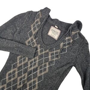 Esprit Womens Sweater Dress Wool Blend Argyle Gray Tan Angora Rabbit Hair Hood S